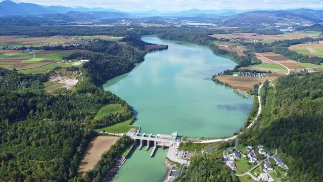 Aerial view of the water power plant Edling at the river Drau	
