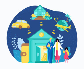 Bank credit for family, savings and banking financial programs for parents with children vector illustration. Crediting family insurance.