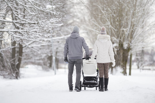 Young family pushing white baby stroller and walking on snow covered sidewalk at park in cold winter day. Enjoying peaceful stroll. Spending time with newborn and breathing fresh air. Back view.
