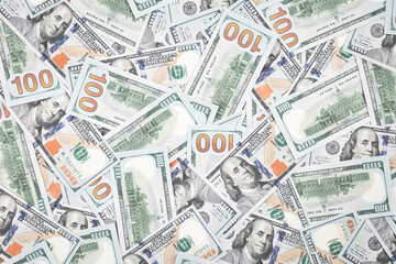 Lots of hundred dollar bills. cash money background. Top view
