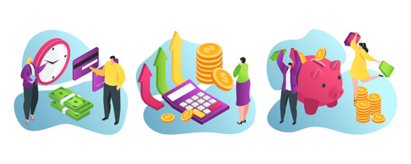 Bank services for business and finance flat vector illustration. Piggy bank savings, credits and investments, financial advisor, cashiers.