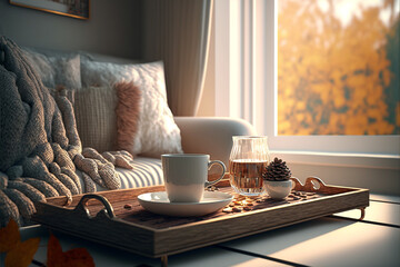 beautiful comfortable living room with tea pot coffee tray 