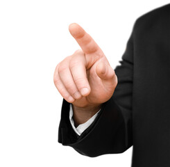 male hand in a black jacket points with the index finger, isolated on a white background