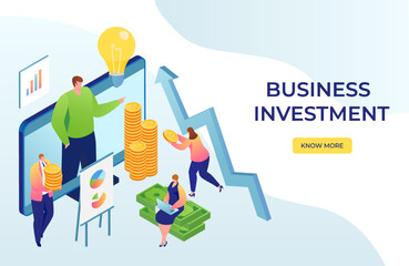 Business investment and finances web landing page, vector illustration. Businessman analyzing investing charts. Accounting.