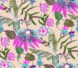 bright seamless pattern with multicolored tropical flowers and leaves on a beige background for summer textile