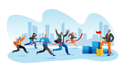 Business marathone race, businesspeople race on track flat vector illustration. Competition in team, corporate succsess. Leadership concept.