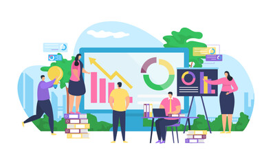 Business strategy analysis and marketing vector illustration. Businessman working with computer with financial strategic concept.