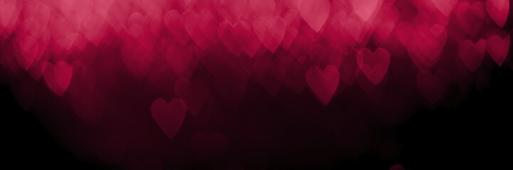 Trendy viva magenta, pink red hearts, sparkling glitter bokeh panoramic background banner,...