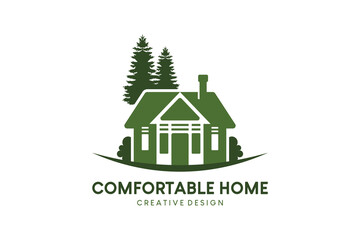 House icon logo design, green house with trees and grass