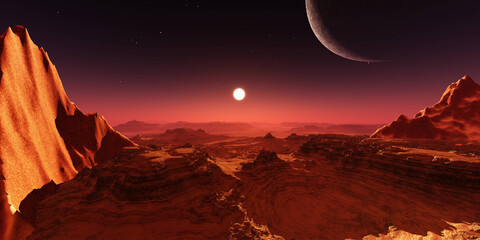 Alien landscape, martian sunset, sun sets over alien surface, 3d rendering