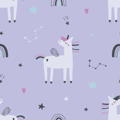 Cute seamless pattern with unicorn, stars and rainbow on purple background. Vector illustration for printing on fabric, wrapping paper. Cute baby background for girls.