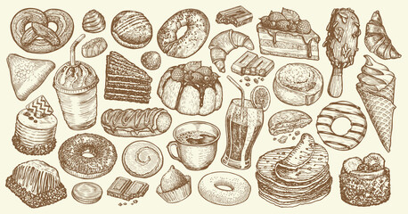 Hand drawn collection sweet desserts. Food and drink sketch set for cafe or restaurant menu. Vintage vector illustration