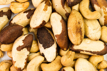 Cashew nuts and Pará nuts from Brazil isolated on white background. Selective focus. Brazilian food 