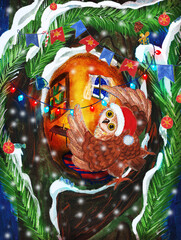 Funny owl decorates a hollow tree for New Year and Christmas. Watercolor illustration in cartoon style. A bright greeting card with copy space.