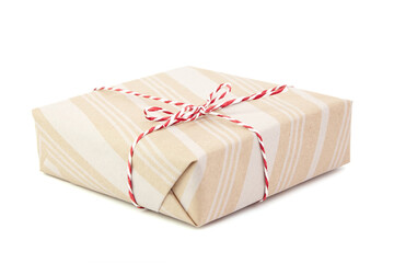 Gift box isolated on white background. Wrapped Christmas or birthday present. Single gift box...