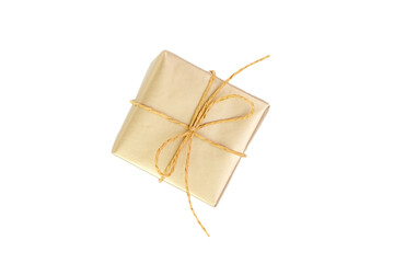 Gift box with bow isolated on white. Wrapped Christmas or birthday golden color gift box. Single present, top view