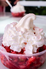Strawberry Shortcake Ice Cream Sundae on a White Table, Offset Right