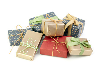 Christmas gift boxes heap isolated on white. Wrapped gift boxes for holiday presents