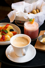 Continental breakfast on a tray.