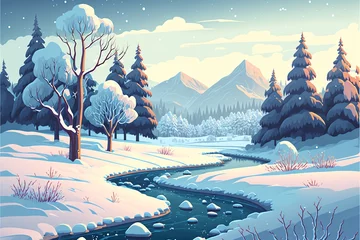 Fotobehang winter forest landscape, cartoon style © Qrisio