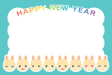 様々な表情の8羽のうさぎと水玉背景フォトフレームのイラスト【年賀状テンプレート（卯年）】