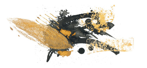 Black and gold ink blot. Isolated on Png transparent Abstract horizontal background.