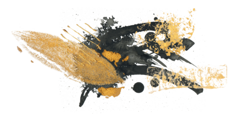 Black and gold ink blot. Isolated on Png transparent Abstract horizontal background.