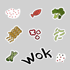 Stickers Asian eat food. Vector illustration. Wok noodles, seafood, greens, spices, peppers, fish