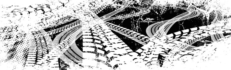 Vector Print Textured Tire Track banner. Design Element . Car tread silhouette . Mud splash grunge texture. Drift show