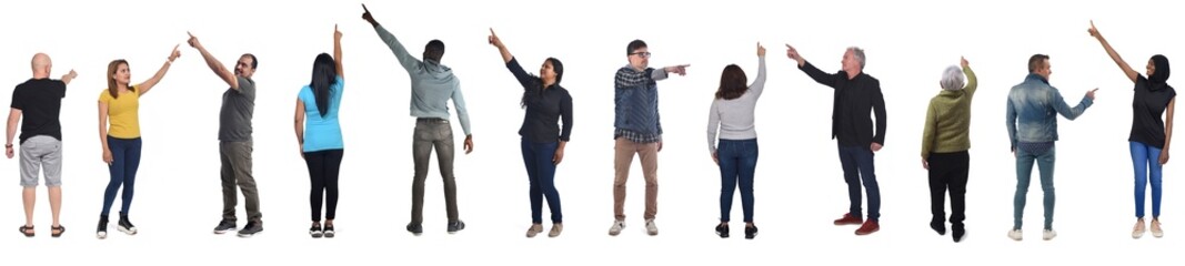 line of a large group of people pointing on white background