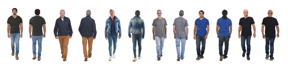 line of the same men walking from the front and back on white background