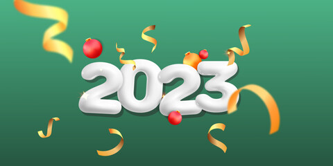 3d vector holiday banner template Happy new Year 2023 green background with gold twisted confetti decoration flying red bauble design - Powered by Adobe