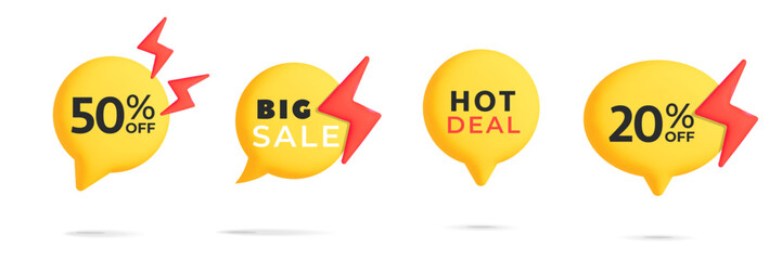 Yellow sale tag chat round badges 3d vector template with red bolt flash symbol mockup element
