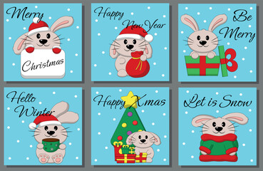 Set Christmas greeting card with cute Rabbit