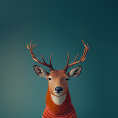 Reindeer ID card portrait who looks like a man. An illustration of an animal with big horns that is a symbol of Christmas. Dark blue background. Generated AI.