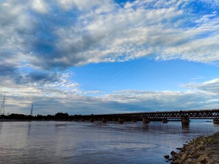 Beautiful shot of Chenab River and Chenab Bridge | Beautiful river with clouds | Landscape | Nature's photography | Scenery | Pakistan | Tour to Pakistan | Beautiful evening at Chenab River