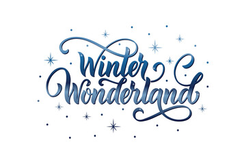 Winter Wonderland handwritten text with stars and snowflakes. Hand lettering typography. Modern brush ink calligraphy. Vector illustration as greeting card, banner, poster, logo. Season's greeting