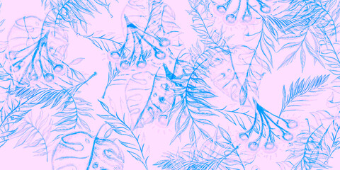 Hawaii Prints. Soft Engraved Botanic. Bright Retro Hawaiian Print. Tropical Leaves. Pink Palm Leaves Illustrations. Tropical Palm Leaf Pattern. Pastel Leafs Patterns.