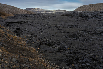 Fagradalsfjall volcano and lava field at Reykjanes, Iceland. Huge lava field from an eruption in 2021