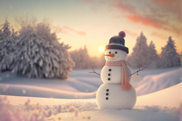 Obraz premium Winter snow symbol of Christmas in the yard. Children's New Year's idyll and fun for the whole family. A snowman made of white soft snow. Landscape illustration. Generated AI.