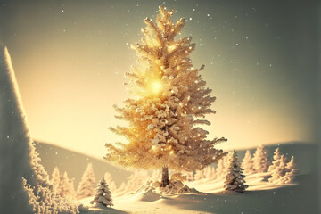 Winter snowy illustrated landscape with a big golden shiny Christmas tree. New Year's morning. Festive atmosphere on the mountain. Generated AI.