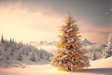 Winter snowy illustrated landscape with a big golden shiny Christmas tree. New Year's morning. Festive atmosphere on the mountain. Generated AI.