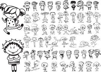 Fototapeta premium Doodle sketchy happy kids jumping with joy, black and white outline