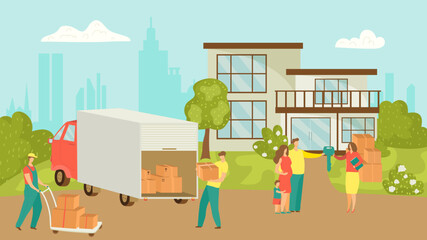 People moving house vector illustration of happy family moving house and taking boxes into truck. New home relocation. Move service.