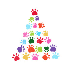 Made of colorful hand drawn paw print Christmas tree