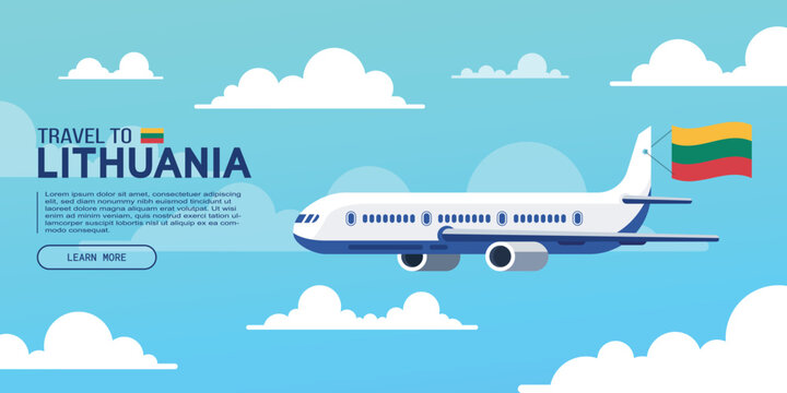 Travel to Lithuania poster with flying plane and national flag. Banner for travel agency. Vector illustration.