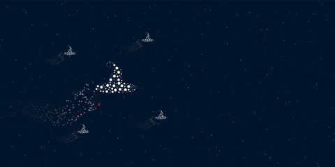 A witch hat symbol filled with dots flies through the stars leaving a trail behind. Four small symbols around. Empty space for text on the right. Vector illustration on dark blue background with stars