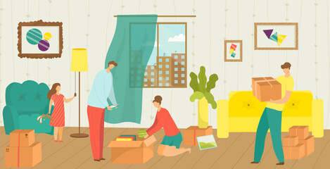 People moving house vector illustration of happy family packing things into boxes for new house movement. New home move or relocation.