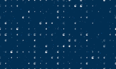 Seamless background pattern of evenly spaced white noodle symbols of different sizes and opacity. Vector illustration on dark blue background with stars
