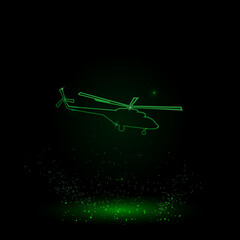 A large green outline helicopter symbol on the center. Green Neon style. Neon color with shiny stars. Vector illustration on black background